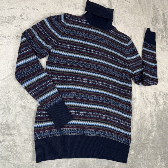 L.L Bean Women Sweater Size M Fair Isle Blue Turtleneck Cashmere Cotton Blend - Picture 2 of 8